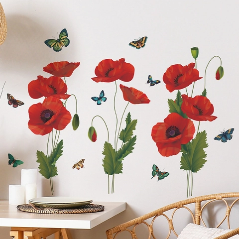 Red Poppy Flower Butterfly Wall Stickers PVC Removable Floral Wall Decals For Living Room Bedroom Home Office Decor
