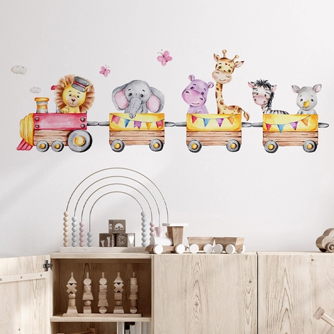 Cartoon Animal Train Wall Stickers For Children's Room PVC Removable Watercolor Animal Wallpaper For Nursery Kindergarten Bedroom Decor