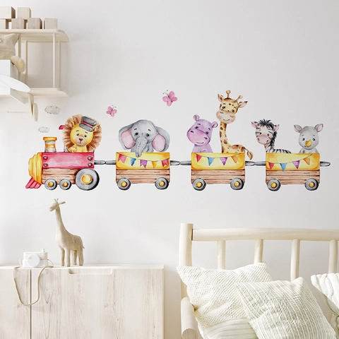 Cartoon Animal Train Wall Stickers For Children's Room PVC Removable Watercolor Animal Wallpaper For Nursery Kindergarten Bedroom Decor