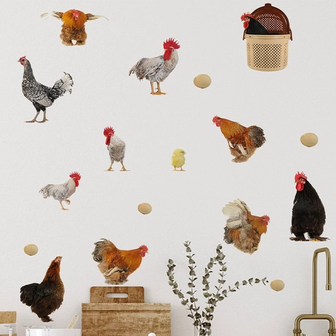 Realistic Chicken Rooster Hen Chicks Eggs Wall Stickers PVC Pastoral Farm Animal Decals For Kitchen Living Room Home Decor