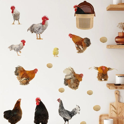 Realistic Chicken Rooster Hen Chicks Eggs Wall Stickers PVC Pastoral Farm Animal Decals For Kitchen Living Room Home Decor