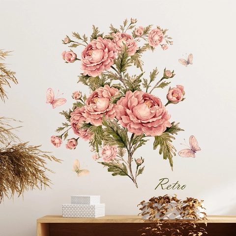 Pegatinas de Pared Retro Peonía Rosa Con Mariposas PVC Autoadhesivo Mural Removible para Sala de Estar Dormitorio Decoración Casa