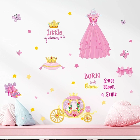 Adesivi Murali Tema Principessa Sognante Carrozza di Zucca Rosa Corona Castello per Cameretta Bambina Arredo Casa Arte