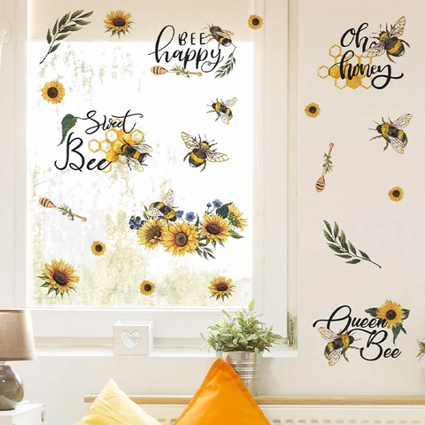Zonnebloem Bij Muurstickers Verwijderbare PVC Decals Voor Slaapkamer Woonkamer Raam Glas Decoratie Bloemen Home Decor