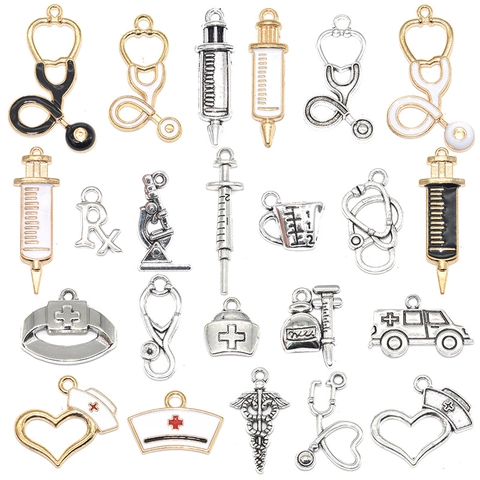 Medical Theme Zinc Alloy Charms Stethoscope Syringe Nurse Hat Rx Symbol Pendants For DIY Jewelry Making Accessories Gift