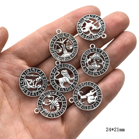 Ciondoli Rotondi Vintage in Lega di Zinco con 12 Segni Zodiacali Argento Antico Charms Astrologici Cavi per Creazione Gioielli