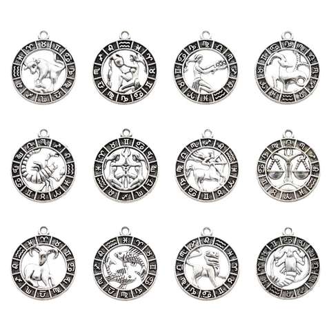Ciondoli Rotondi Vintage in Lega di Zinco con 12 Segni Zodiacali Argento Antico Charms Astrologici Cavi per Creazione Gioielli
