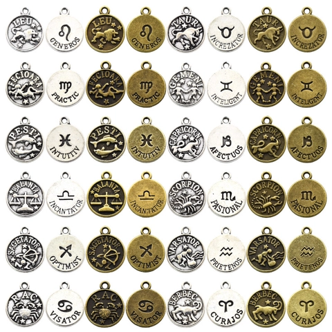 Retro Alloy Zodiac Round Pendants DIY Jewelry Charms Double Sided Constellation Coin For Necklace Bracelet Making Vintage Accessories