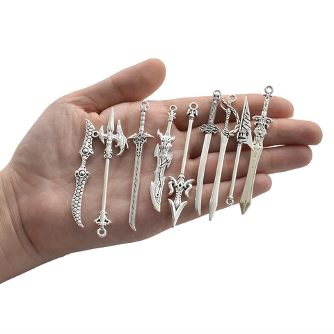 Vintage Alloy Weapon Charms Pendants Sword Spear Trident Axe Shapes For DIY Jewelry Making Antique Silver Metal Accessory