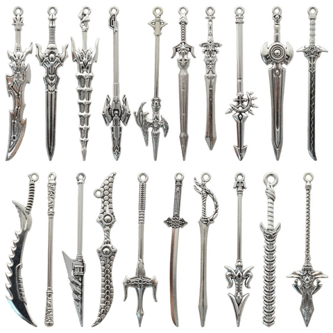 Vintage Alloy Weapon Charms Pendants Sword Spear Trident Axe Shapes For DIY Jewelry Making Antique Silver Metal Accessory