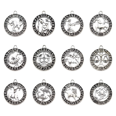 Vintage Zinc Alloy Round 12 Zodiac Sign Pendants Antique Silver Hollow Out Astrological Charms For Necklace Jewelry Making