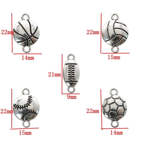 Vintage Zinc Alloy Sports Ball Connector Charms Football Basketball Baseball Volleyball Rugby Antique Silver DIY Jewelry Findings