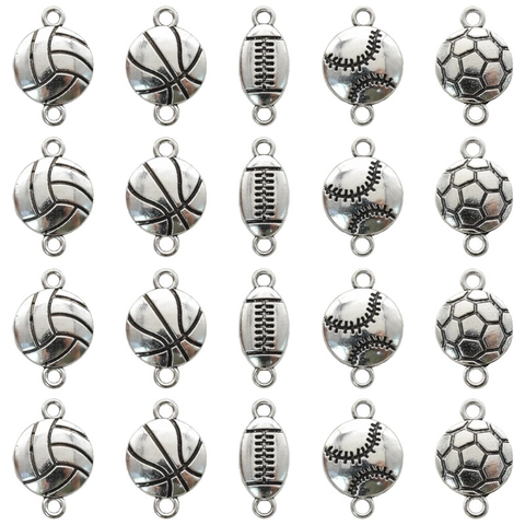 Vintage Zinc Alloy Sports Ball Connector Charms Football Basketball Baseball Volleyball Rugby Antique Silver DIY Jewelry Findings