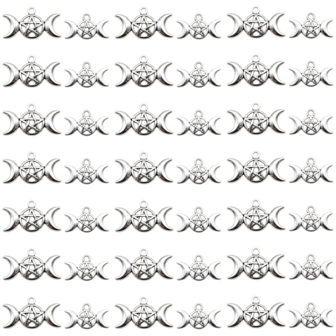Vintage Zinc Alloy Triple Moon Goddess Pentagram Pendants For DIY Jewelry Making Retro Silver Moon Star Charms Accessory