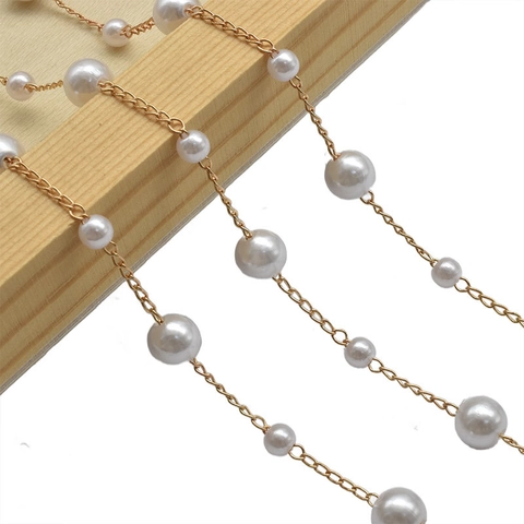 DIY Copper Artificial Pearl Beaded Chain Jewelry Making Material Gold Plated Metal Chain For Vintage Accessories Decoration