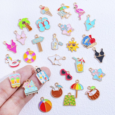 Summer Beach Vacation DIY Alloy Pendants Colorful Enamel Charms For Jewelry Making Flamingo Palm Tree Flip Flops Pendants