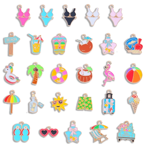 Summer Beach Vacation DIY Alloy Pendants Colorful Enamel Charms For Jewelry Making Flamingo Palm Tree Flip Flops Pendants