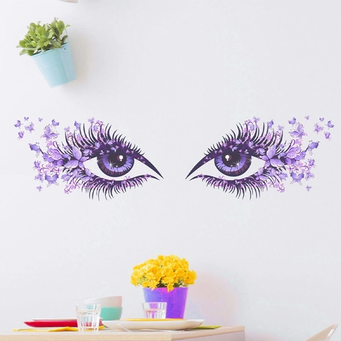 Pegatinas de Pared de Ojos de Mariposa Púrpura PVC Impermeable Ojo Artístico Pestañas Calcomanías para Dormitorio Sala de Estar