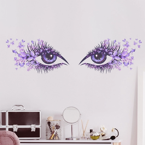 Pegatinas de Pared de Ojos de Mariposa Púrpura PVC Impermeable Ojo Artístico Pestañas Calcomanías para Dormitorio Sala de Estar