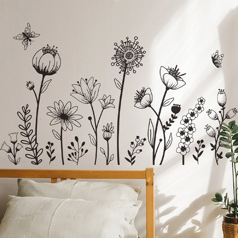 Black White Sketch Floral Butterfly Wall Sticker PVC Self Adhesive Hand Drawn Flower Plant Decal For Bedroom Living Room Home Decor