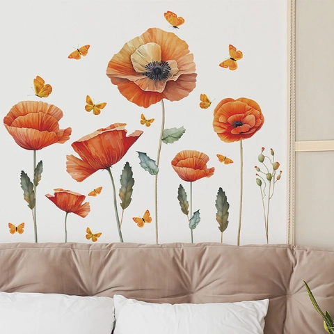 Aquarell Mohnblume Schmetterling Wandaufkleber Abnehmbare Selbstklebende Florale Wandbild Für Wohnzimmer Schlafzimmer Deko