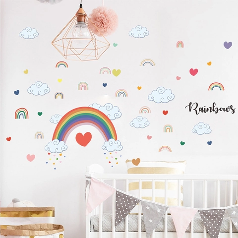 Rainbow Cloud Heart Wall Sticker For Kids Room Nursery Decor PVC Self Adhesive Cartoon Colorful Waterproof Mural Decal