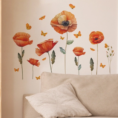 Aquarell Mohnblume Schmetterling Wandaufkleber Abnehmbare Selbstklebende Florale Wandbild Für Wohnzimmer Schlafzimmer Deko