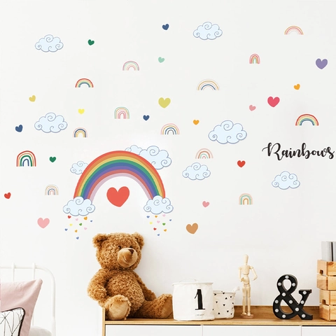 Rainbow Cloud Heart Wall Sticker For Kids Room Nursery Decor PVC Self Adhesive Cartoon Colorful Waterproof Mural Decal