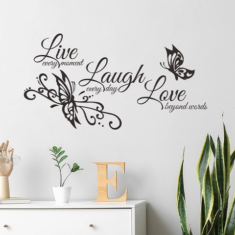 Moderno Adesivo Murale in PVC Live Laugh Love Frasi Motivazionali Inglesi Con Farfalle Decalcomania Artistica Decorativa Rimovibile per Casa