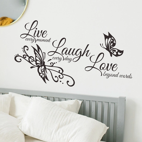 Moderno Adesivo Murale in PVC Live Laugh Love Frasi Motivazionali Inglesi Con Farfalle Decalcomania Artistica Decorativa Rimovibile per Casa