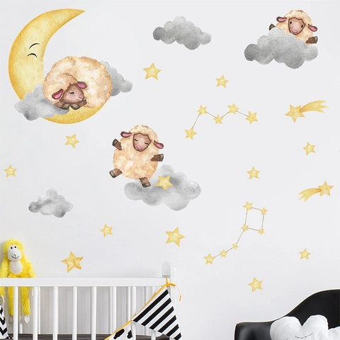 Cartoon Watercolor Sheep Moon Star Wall Sticker For Kids Bedroom Nursery PVC Removable Art Decal Home Decor DIY Wall Paper