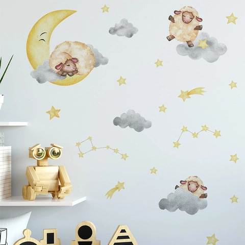 Cartoon Watercolor Sheep Moon Star Wall Sticker For Kids Bedroom Nursery PVC Removable Art Decal Home Decor DIY Wall Paper