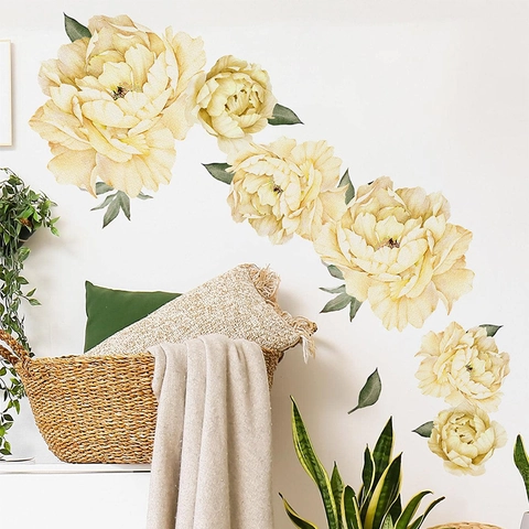 Adesivi da Parete Fiori di Peonia Gialla Acquerello PVC Rimovibile Decalcomanie Floreali per Camera da Letto Soggiorno Casa