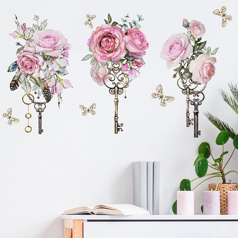 Adesivi Murali PVC Vintage Rose Rosa e Chiave Antica Impermeabili Acquerello Floreale Farfalla Decalcomania FX-E216