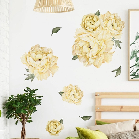 Adesivi da Parete Fiori di Peonia Gialla Acquerello PVC Rimovibile Decalcomanie Floreali per Camera da Letto Soggiorno Casa