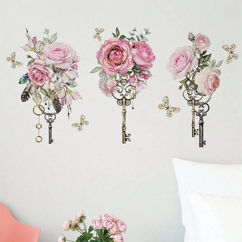 Adesivi Murali PVC Vintage Rose Rosa e Chiave Antica Impermeabili Acquerello Floreale Farfalla Decalcomania FX-E216