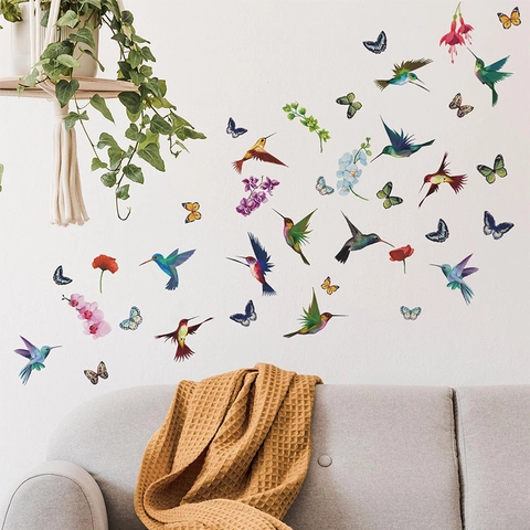 Adesivi Murali con Colibrì e Farfalla ad Acquerello PVC DIY Decalcomanie Murali con Uccelli e Fiori per Soggiorno