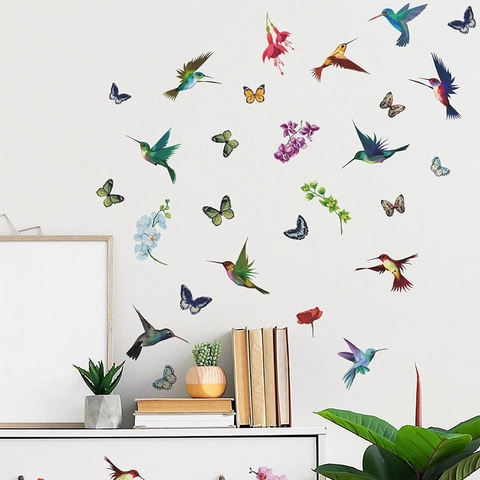 Adesivi Murali con Colibrì e Farfalla ad Acquerello PVC DIY Decalcomanie Murali con Uccelli e Fiori per Soggiorno