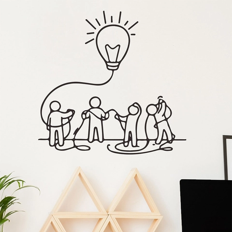 Modern Minimalistisch Creatieve Gloeilamp Teamwerk Muursticker Zwart PVC DIY Verwijderbare Decoratieve Muurdecoratie Voor Kantoor Woonkamer