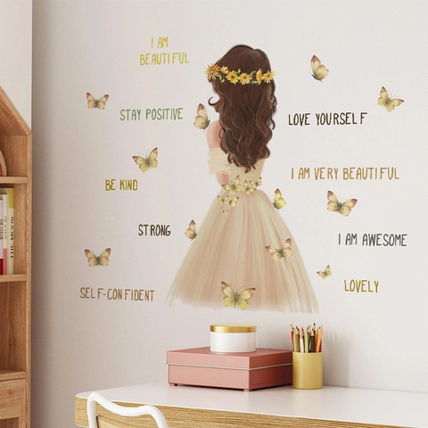 Inspirerende Quote Meisje Achteraanzicht Muursticker Zonnebloem Vlinder PVC DIY Verwijderbare Decal Voor Woonkamer Slaapkamer