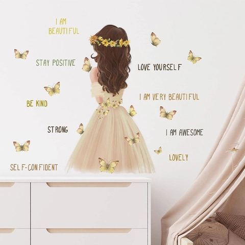 Inspirerende Quote Meisje Achteraanzicht Muursticker Zonnebloem Vlinder PVC DIY Verwijderbare Decal Voor Woonkamer Slaapkamer