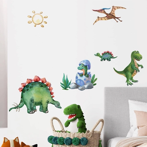 Watercolor Cartoon Dinosaur Wall Stickers For Kids Bedroom Nursery PVC Self-Adhesive Animal Wall Decals For Playroom Decoration