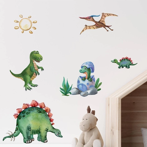 Watercolor Cartoon Dinosaur Wall Stickers For Kids Bedroom Nursery PVC Self-Adhesive Animal Wall Decals For Playroom Decoration