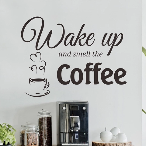 Modern PVC Wake Up And Smell The Coffee Quote Wall Sticker Artistic Coffee Cup Decal For Kitchen Cafe Restaurant Decor