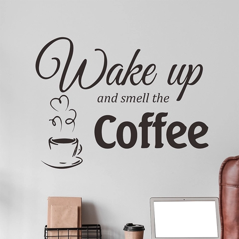 Modern PVC Wake Up And Smell The Coffee Quote Wall Sticker Artistic Coffee Cup Decal For Kitchen Cafe Restaurant Decor
