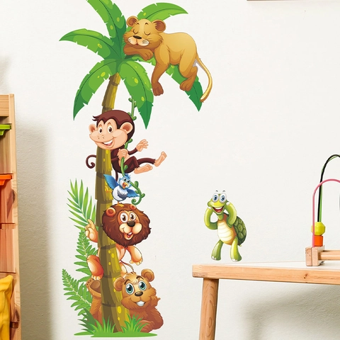 Pegatinas de Pared de Animales de la Selva para Habitación Niños Decoración PVC Cocotero Tropical León Mono Vinilos Pared