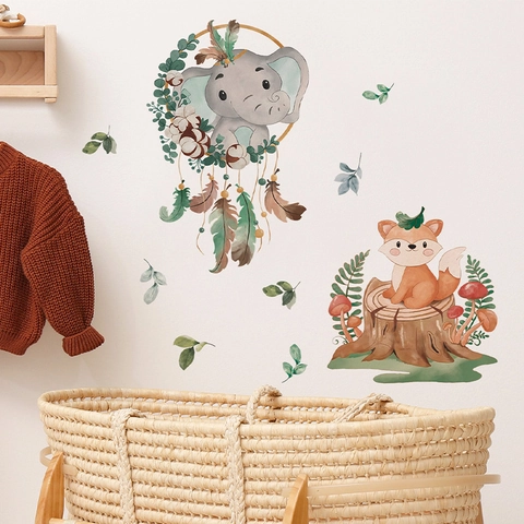 Adesivo Murale Impermeabile in PVC Cartone Animato Elefante Volpe Fungo per Cameretta Bambini Asilo Decorazione Casa Fai da Te