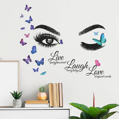 Adesivi da Parete Creativi Ciglia Farfalle DIY Citazioni Live Laugh Love PVC Decalcomanie da Muro per Camera da Letto Soggiorno