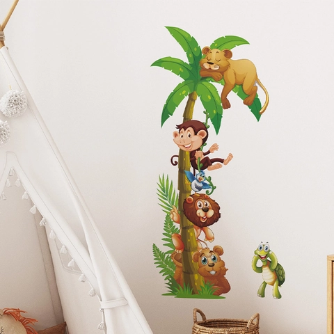 Pegatinas de Pared de Animales de la Selva para Habitación Niños Decoración PVC Cocotero Tropical León Mono Vinilos Pared