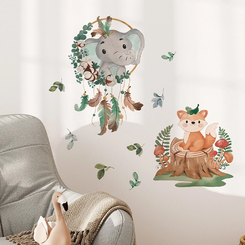 Adesivo Murale Impermeabile in PVC Cartone Animato Elefante Volpe Fungo per Cameretta Bambini Asilo Decorazione Casa Fai da Te